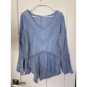 Giocam Womens Blue Cotton Crochet Lace Embroidered Peplum Long Sleeve Top Large